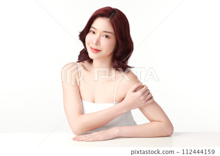Beautiful young asian woman with clean fresh skin on white background, Face care, Facial treatment, Cosmetology, beauty and spa, Asian women portrait. Beautiful young asian woman with clean fresh skin on white background, Face care, Facial treatment, Cosmetology, beauty and spa, Asian women portrait. 112444159