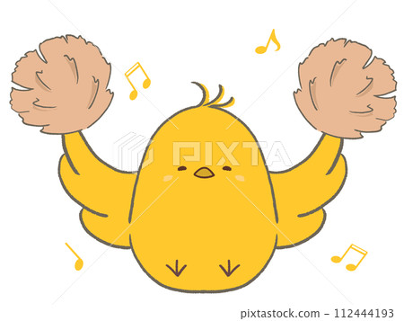 Illustration of a chick holding a pom-pom 112444193