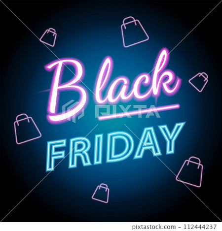 Black friday neon light banner with shopping bag sign. Vector Illustration Black friday neon light banner with shopping bag sign. Vector Illustration 112444237