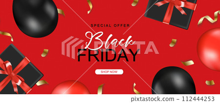 Black friday horizontal sale banner with realistic glossy balloons, gift box and ribbon text on red background. Vector illustration 112444253