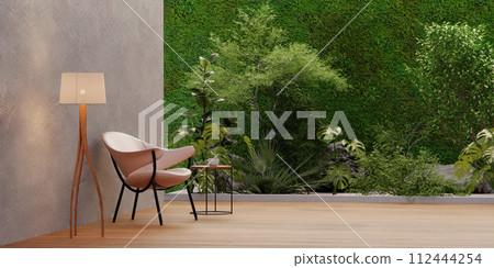 sofa and lamp in Empty glass room with tropical green plant wall background 3d render, white wall and wood floor.3d render. sofa and lamp in Empty glass room with tropical green plant wall background 3d render, white wall and wood floor.3d render. 112444254