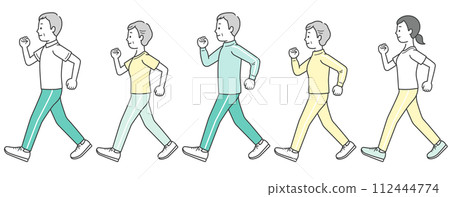 Elderly men and women and young women walking in sportswear 112444774