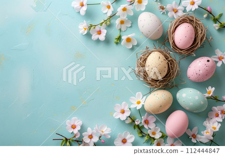 AI-generated content. Easter eggs on blue background, flatlay Easter greeting background 112444847