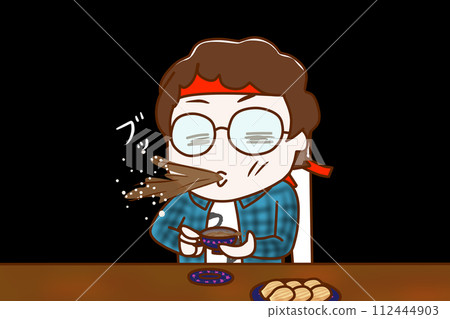 (Upper body diagonal) A nerd wearing glasses squirts tea out of surprise and shock during tea time. 112444903