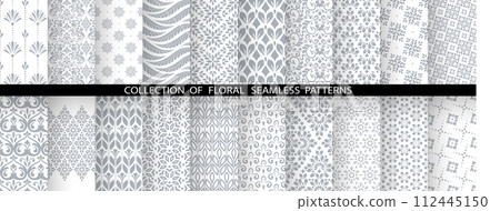 Geometric floral set of seamless patterns. White and gray vector backgrounds. Damask graphic ornaments 112445150