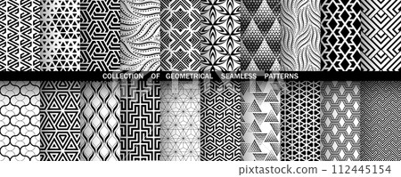 Geometric set of seamless black and white patterns. Simple vector graphics 112445154