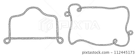 Rope Frame Border Vector set. Vintage line art with background. Linear drawing of rectangular shaped wreath. Corner cord cadre. Outline black and white design element for cards and stickers Rope Frame Border Vector set. Vintage line art with background. Linear drawing of rectangular shaped wreath. Corner cord cadre. Outline black and white design element for cards and stickers 112445173