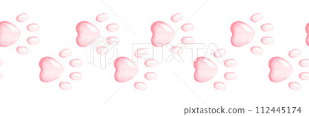 Paw print Border. Watercolor illustration of pink cat or dog footprint. Hand drawn on white isolated background. Painting of template frame for cards. Drawing of animal cartoon cute seamless pattern Paw print Border. Watercolor illustration of pink cat or dog footprint. Hand drawn on white isolated background. Painting of template frame for cards. Drawing of animal cartoon cute seamless pattern 112445174
