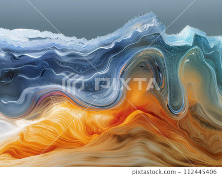 AI-generated content. simulation of a turbulent flow of a fluid with several phases in different colors 112445406