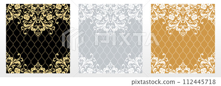 Wallpapers in the style of Baroque. Seamless vector backgrounds. Set of colored floral ornaments. Graphic patterns for fabric, wallpaper, packaging. Ornate Damask flower ornaments 112445718