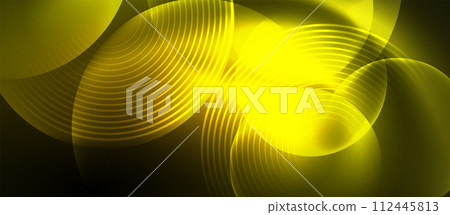 Techno concept with neon circles geometric design. Vector Illustration For Wallpaper, Banner, Background, Card, Book Illustration, landing page 112445813