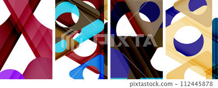 Abstract background set featuring captivating triangles. Harmonious blend of geometry and style, these designs bring modern flair Abstract background set featuring captivating triangles. Harmonious blend of geometry and style, these designs bring modern flair 112445878