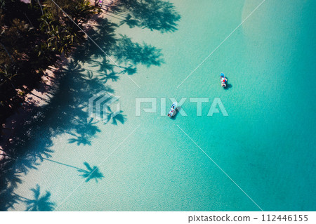 Beach with clear blue sea and palm tree shadows 112446155