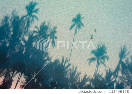 Beach with clear blue sea and palm tree shadows 112446158