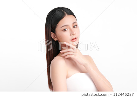 Beautiful young asian woman with clean fresh skin on white background, Face care, Facial treatment, Cosmetology, beauty and spa, Asian women portrait. 112446287