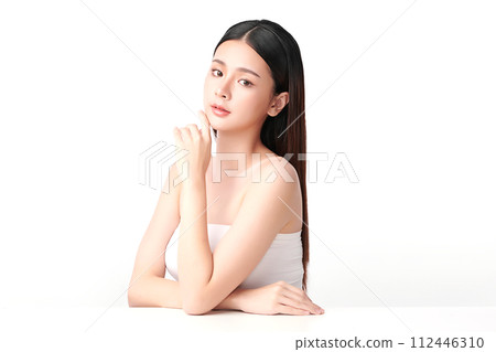 Beautiful young asian woman with clean fresh skin on white background, Face care, Facial treatment, Cosmetology, beauty and spa, Asian women portrait. 112446310