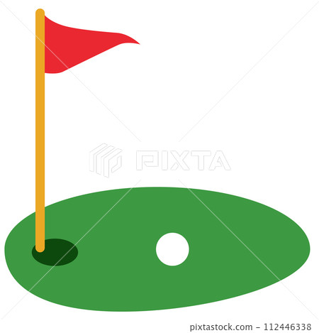 Golf course green with flag icon. Flagstick and golf ball sign. golf red flag on green grass and hole logo. Golf course symbol. flat style. 112446338