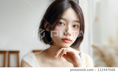 portrait of a beautiful Asian young woman with natural short hair portrait of a beautiful Asian young woman with natural short hair 112447088