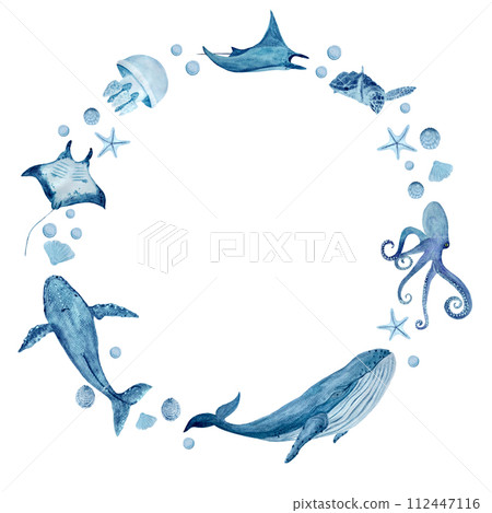 Watercolor hand-drawn blue monochromatic round frame isolated on white. Whales, manta rays, jellyfish, octopus, starfish. 112447116