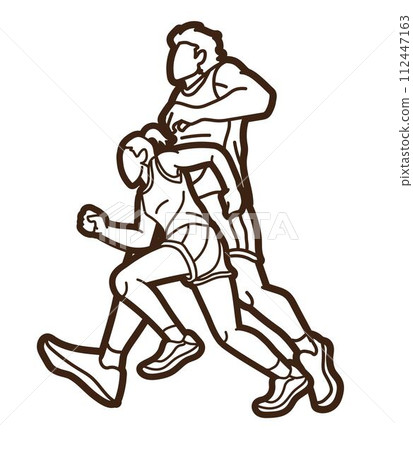 Group of People Running Together Man and Woman Runner Marathon Cartoon Sport Graphic Vector 112447163