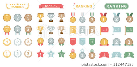Ranking set crown award ribbon frame laurel decoration decoration crown grand prize 1st place medal flag simple 112447183