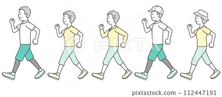 穿著運動服行走的老年男女插畫集 112447191