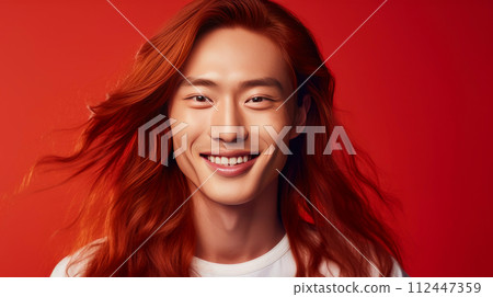 Handsome young male guy smile Asian with long red hair, on red background, banner, copy space, portrait. 112447359