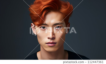 Elegant handsome young male Asian guy with short red hair, on a gray background, banner, copy space, portrait. 112447361