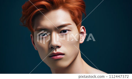 Elegant handsome young male Asian guy with short red hair, on a dark blue background, banner, copy space, portrait. 112447372