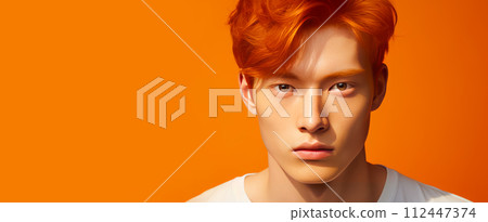 Elegant handsome young male Asian guy with short red hair, on yellow orange background, banner, copy space, portrait. 112447374