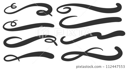 Swoosh vector lines. Hand drawn swash and swish strokes with swirl tail. Calligraphy squiggle waves. Doodle decorative marker flourish. 112447553