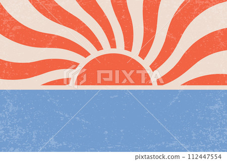 Retro sunburst background. Vintage bright grunge placard. Vector horizontal illustration for banner, poster and backdrop 112447554