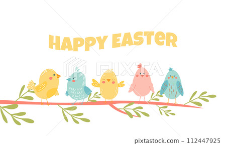 Cute colorful birds on branch. Happy easter, 112447925