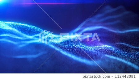 Blue energy glowing magic waves from particles of lines with light rays. Abstract background 112448091