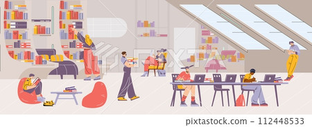 Modern library filled with people studying and relaxing among bookshelves and desks under natural skylight illumination 112448533