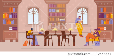 People engaged in reading, writing, and relaxing in library 112448535