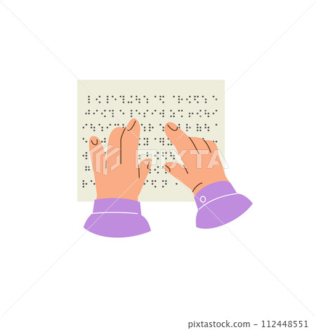 Braille language, vector hands tracing the points on pages, reading text on sheet with braille font letters for blind Braille language, vector hands tracing the points on pages, reading text on sheet with braille font letters for blind 112448551