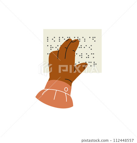 Braille language, person finger drives on points, reading text on sheet with braille font letter for blind people vector Braille language, person finger drives on points, reading text on sheet with braille font letter for blind people vector 112448557