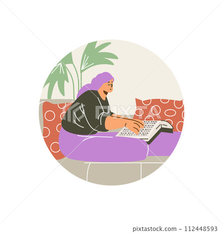 Woman hands tracing the points on pages, reading book on braille font, Braille language for blind vector in round frame Woman hands tracing the points on pages, reading book on braille font, Braille language for blind vector in round frame 112448593