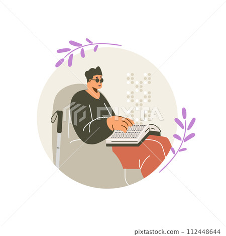 Man sitting on armchair and reading book on braille font using fingers, Braille language for blind people round vector Man sitting on armchair and reading book on braille font using fingers, Braille language for blind people round vector 112448644