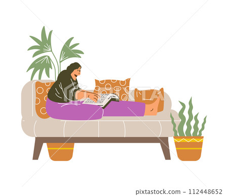 Woman sitting on the sofa and reading book on braille font using fingers, Braille language for blind people vector Woman sitting on the sofa and reading book on braille font using fingers, Braille language for blind people vector 112448652