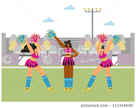 Smiling cheerleader girls dancing with pompoms at stadium 112448690