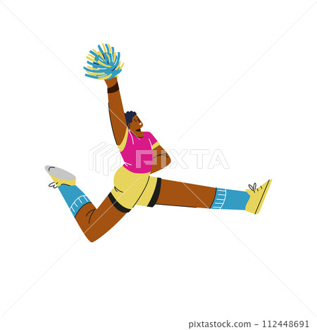 Sports team cheerleader jumping with pom pom, flat vector illustration isolated. 112448691