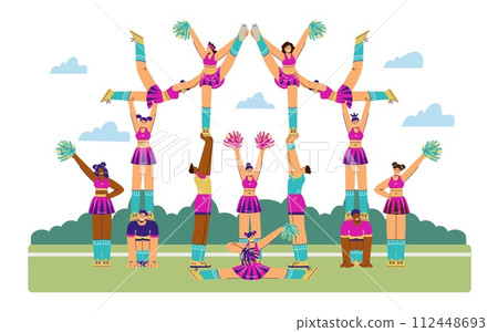 Cheerleading squad performing, acrobatic holding up team on the lawn, vector sporty girls and boys with pompoms in hands 112448693