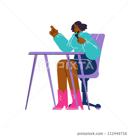 Woman sitting in a chair at the table and speaking into a microphone, vector media journalist, TV presenter, video maker 112448716