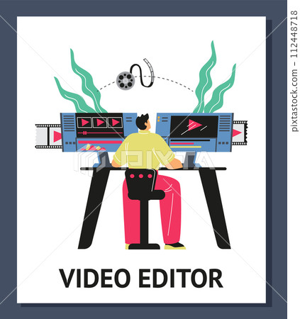 Man video maker sitting at desk and editing video with editing software, multimedia production designer vector poster 112448718