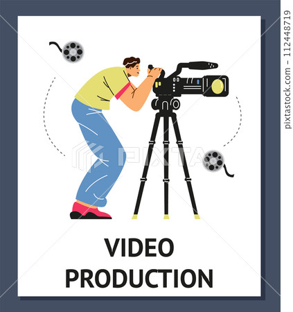 Television video operator looking through camcorder on tripod, video maker records film, video production vector poster 112448719