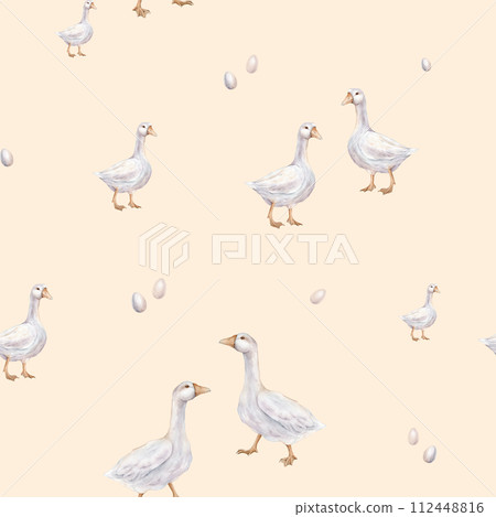 Watercolor seamless pattern with goose and quail eggs. Repiat pattern pastel color. Tender watercolor hand drawn illustration on a isolated on background. Domestic cute farm bird. For Easter design. 112448816