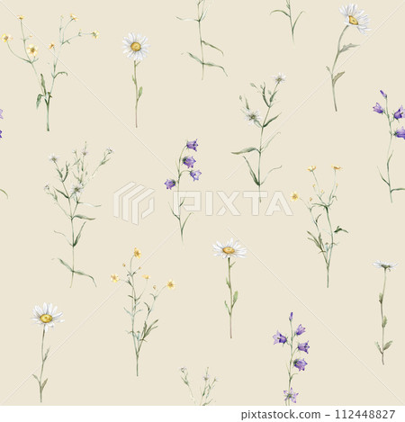 Seamless pattern watercolor meadow flower with white chamomile and violet bluebell. Repeat wallpaper forest flower yellow ranunculus. Hand drawn illustration on isolated background. Seamless pattern watercolor meadow flower with white chamomile and violet bluebell. Repeat wallpaper forest flower yellow ranunculus. Hand drawn illustration on isolated background. 112448827