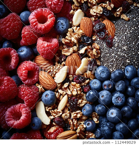 Close-up of mixed berries, nuts, and seeds. AI Generated. 112449029